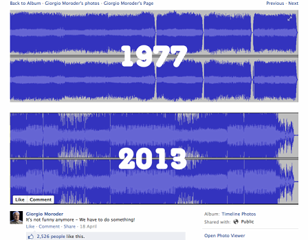 Giorgio Moroder vergleicht die Frequenzbilder von 1977 und (zu Tode komprimiert) 2013